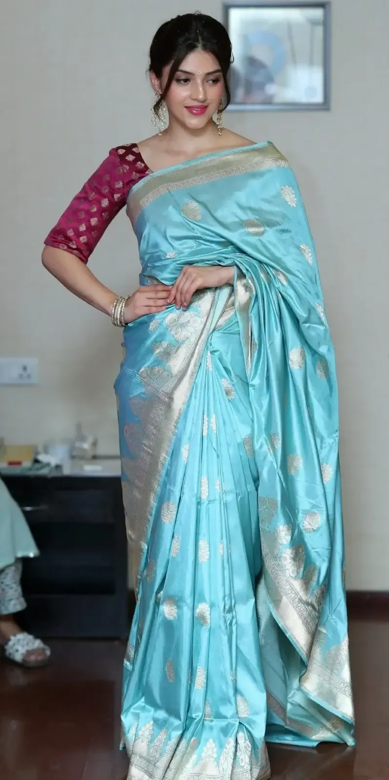 Indian Actress Mehrene Kaur In Traditional Blue Silk Saree